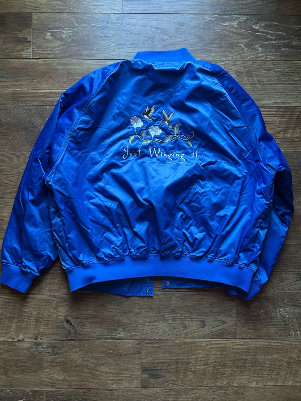 Vintage Royal Blue Embroidered Bomber Jacket - "Just Winging It"